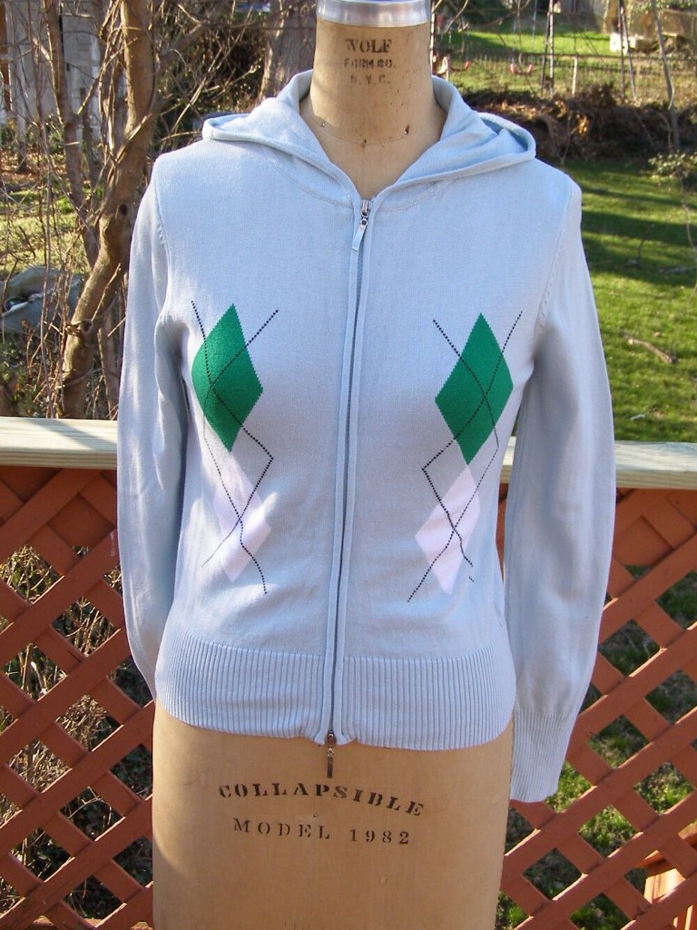 NEW size M/L Say What? Light Blue Argyle zip up Hoodie Knit top Cardigan